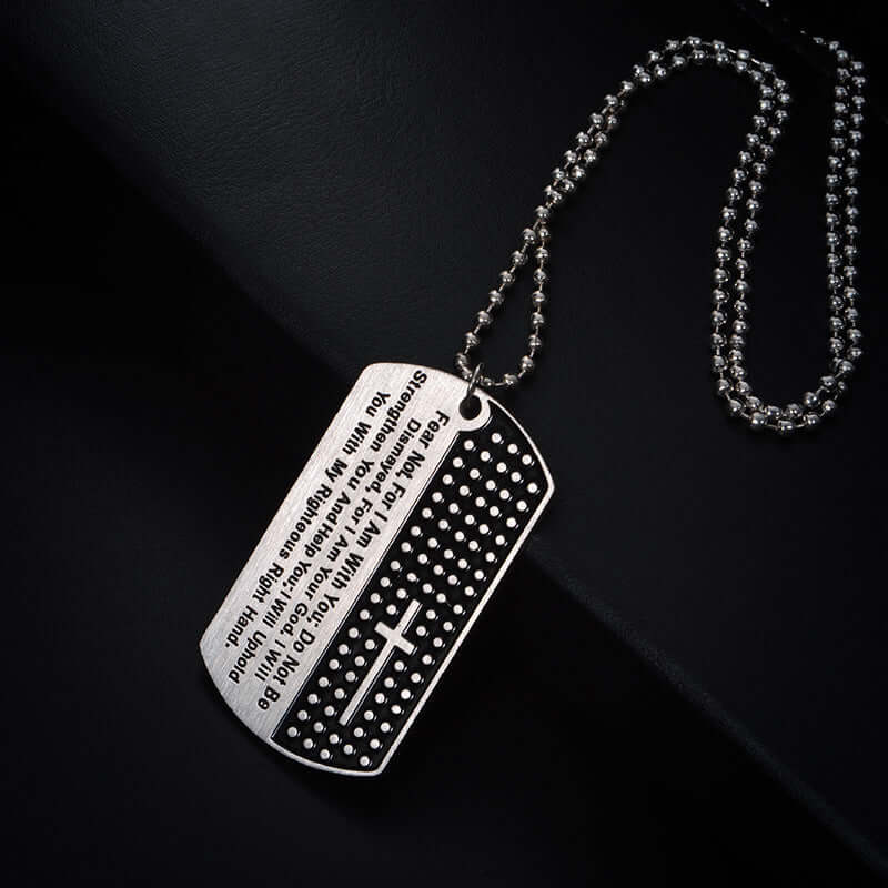 Stainless steel dog tag necklace in packaging