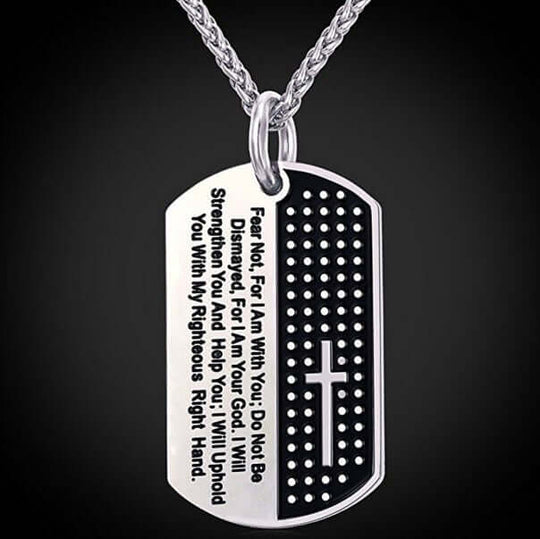 Stainless steel dog tag necklace displayed on a white background
