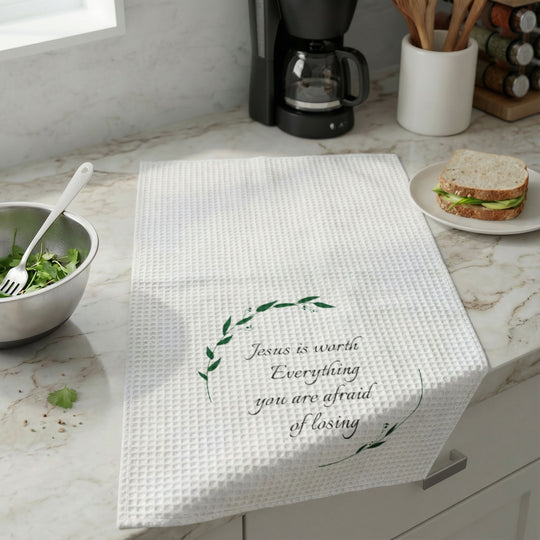 Floral Wreath Scripture Phrase Kitchen Hand Towel | Waffle Weave