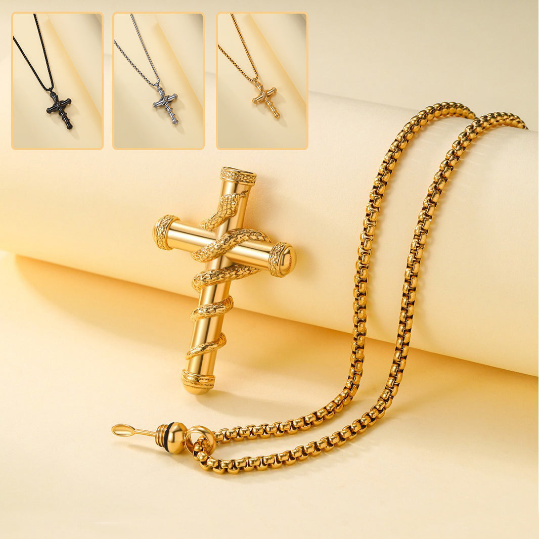 18k Gold Cross Snake Chain Necklace with detachable cross pendant and serpentine chain on a soft background.
