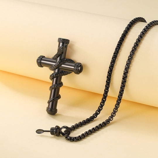 18k Gold Cross Snake Chain Necklace with detachable cross pendant on a smooth background.