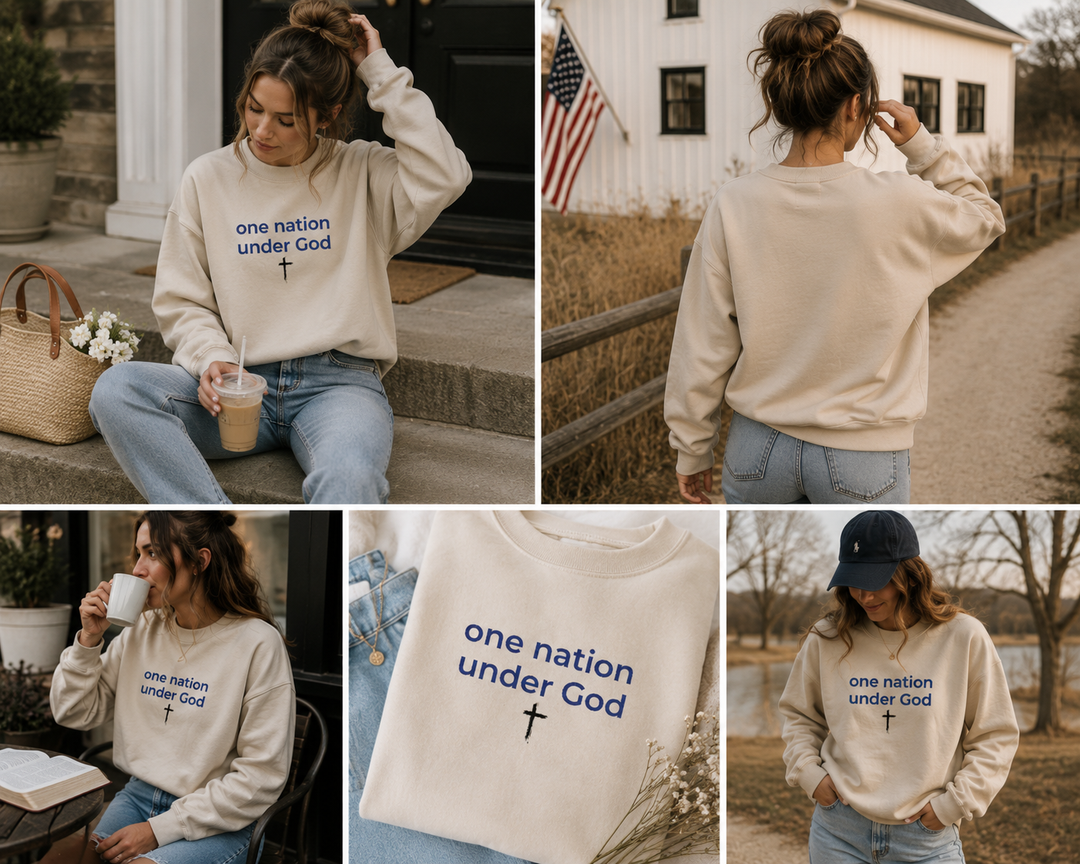 One Nation Under God Embroidered Sweatshirt | Christian Patriotic America 250 Crewneck