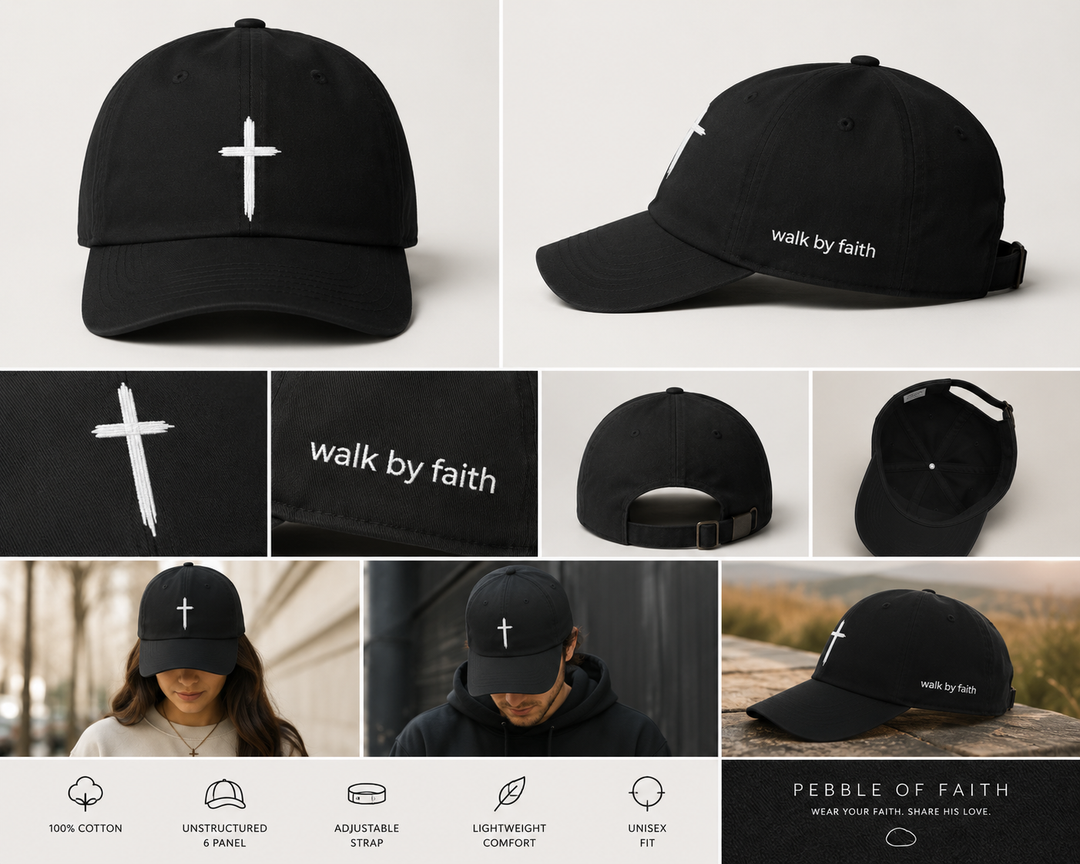 Black Cross Hat | Walk by Faith Embroidered Baseball Cap | Minimal Christian Dad Hat