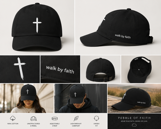 Black Cross Hat | Walk by Faith Embroidered Baseball Cap | Minimal Christian Dad Hat