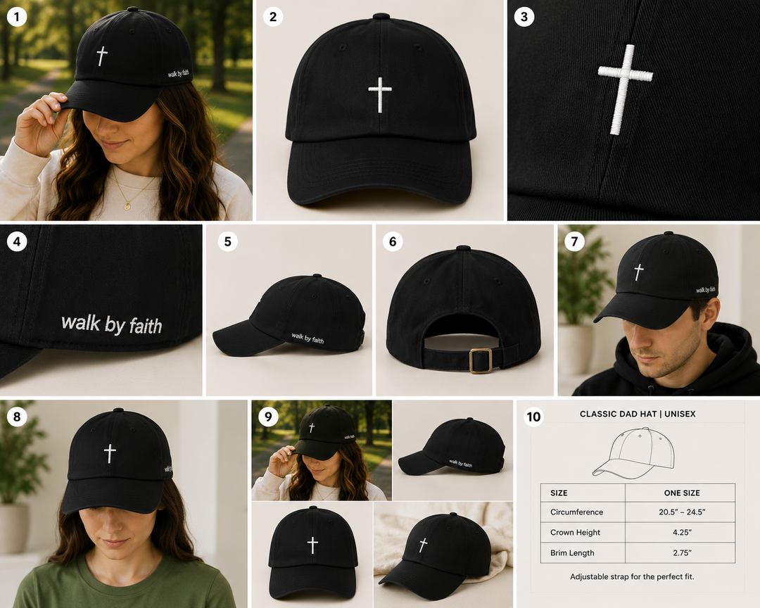 Black Cross Hat | Walk by Faith Embroidered Baseball Cap | Minimal Christian Dad Hat