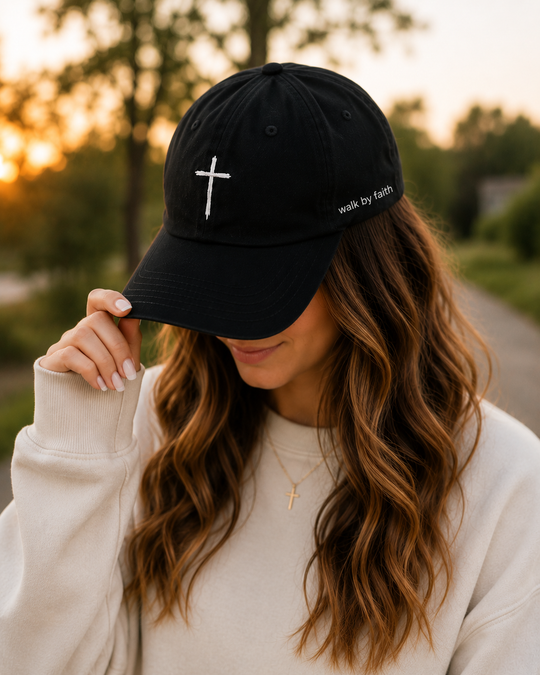 Black Cross Hat | Walk by Faith Embroidered Baseball Cap | Minimal Christian Dad Hat