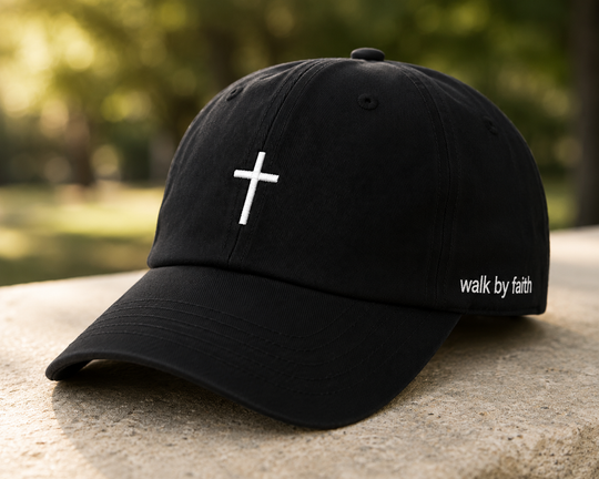 Black Cross Hat | Walk by Faith Embroidered Baseball Cap | Minimal Christian Dad Hat