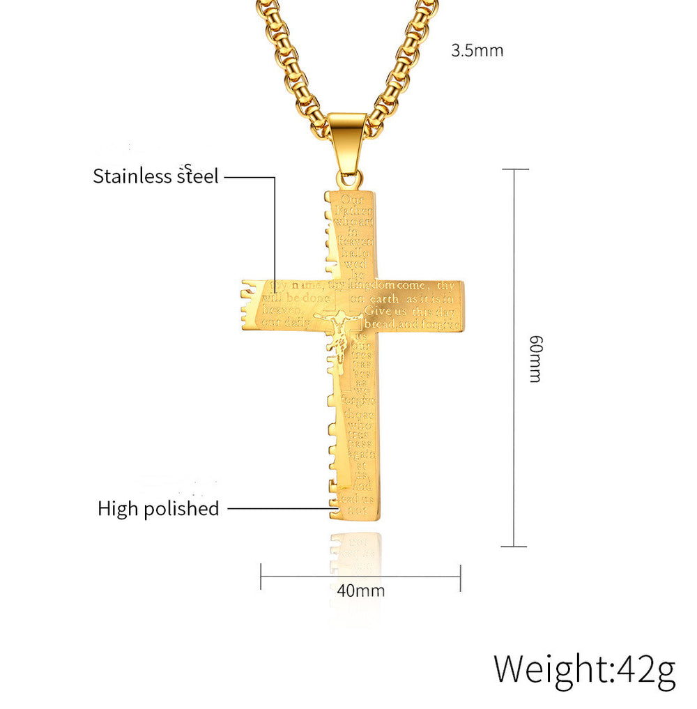Men's Christian Double Cross Necklace with stainless steel and high-polished finish, measuring 60mm by 40mm.
