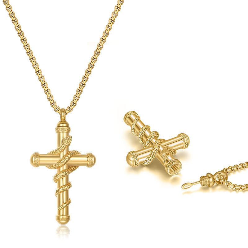 18k Gold Cross Snake Chain Necklace showcased with a detachable cross pendant and sleek serpentine chain.