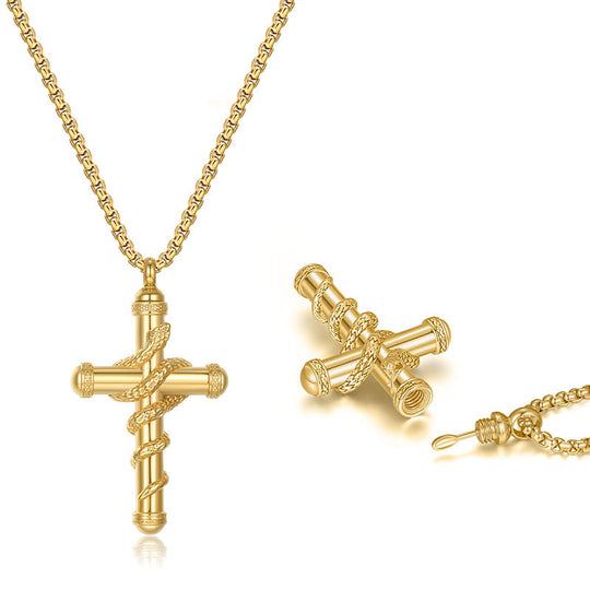 18k Gold Cross Snake Chain Necklace showcased with a detachable cross pendant and sleek serpentine chain.