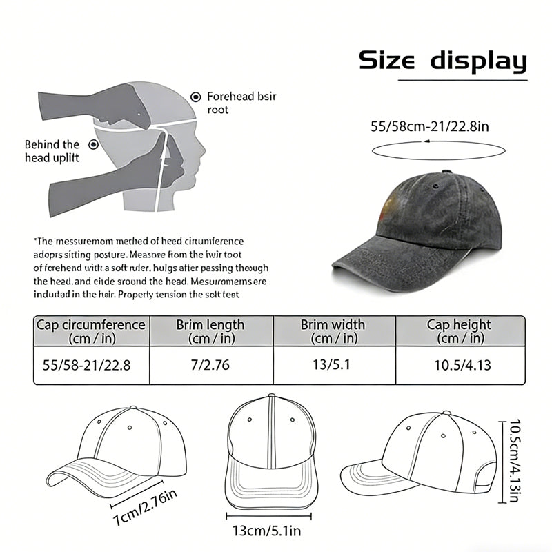 Size display chart for Christian American Flag Cross Baseball Cap showing measurements and fitting information.