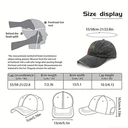 Size display chart for Christian American Flag Cross Baseball Cap showing measurements and fitting information.