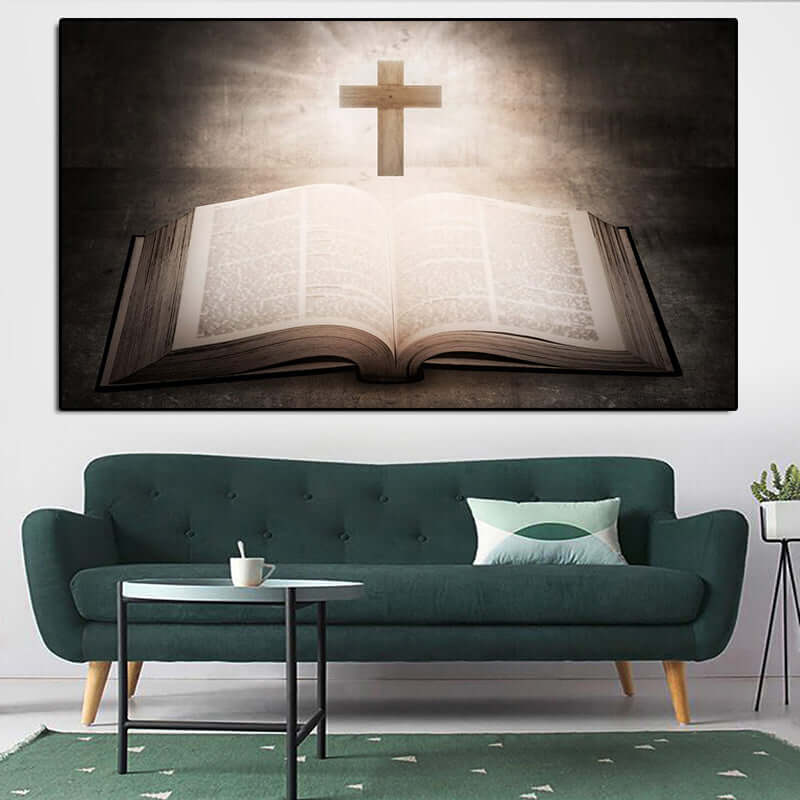 Artistic depiction of a Bible and Cross