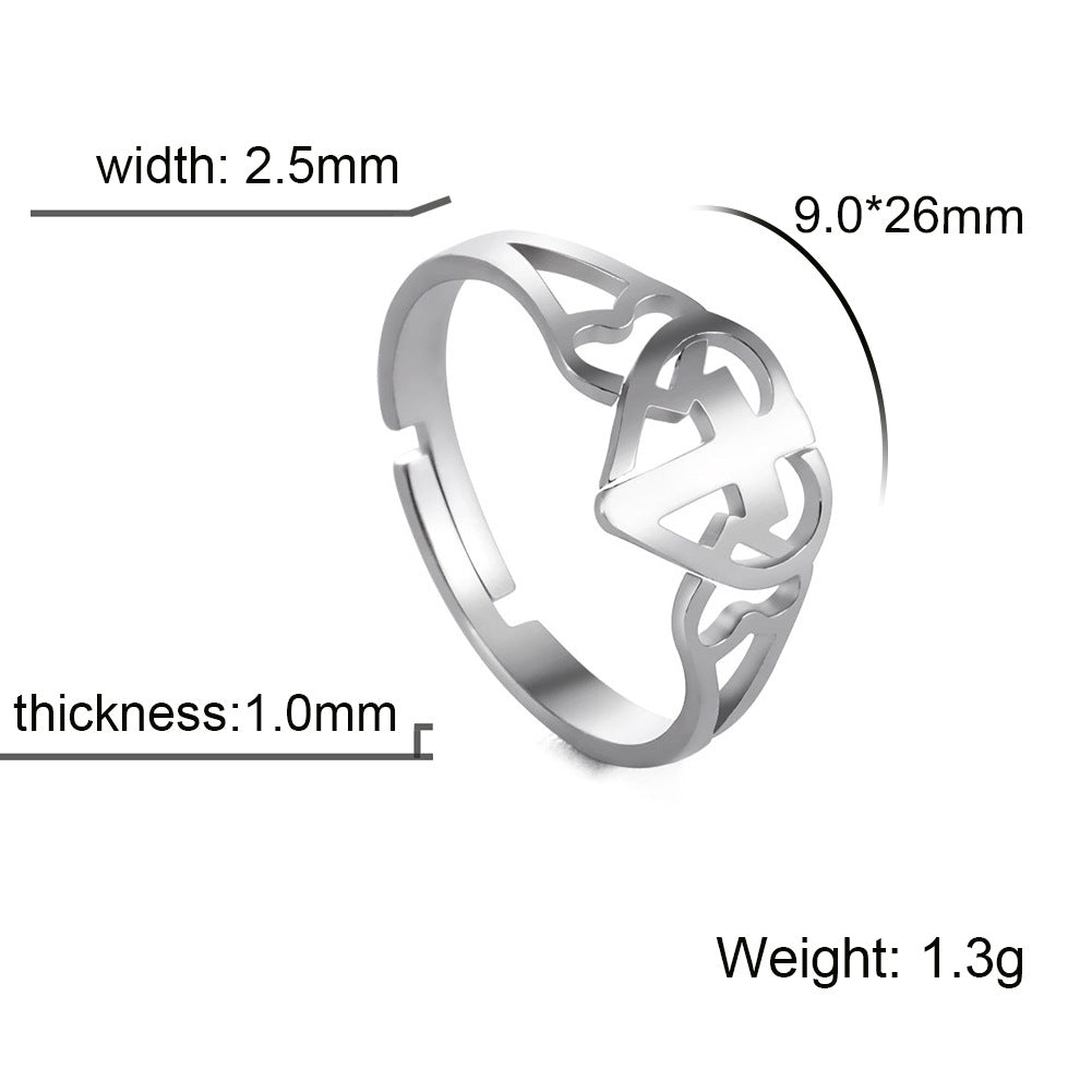 Stainless Steel Love Cross Ring with heart design, showcasing dimensions and weight for minimalist Christian faith jewelry.