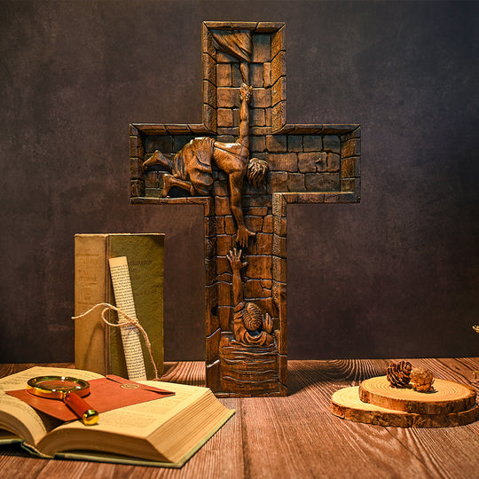 Messiah Cross wooden wall art depicting a vintage-style design with intricate figures and craftsmanship.