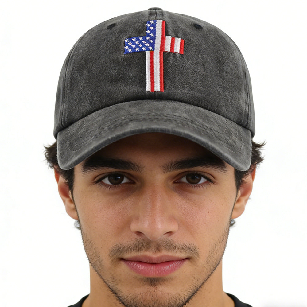 Christian American Flag Cross Baseball Cap worn by a model showcasing its embroidered cross and American flag design.