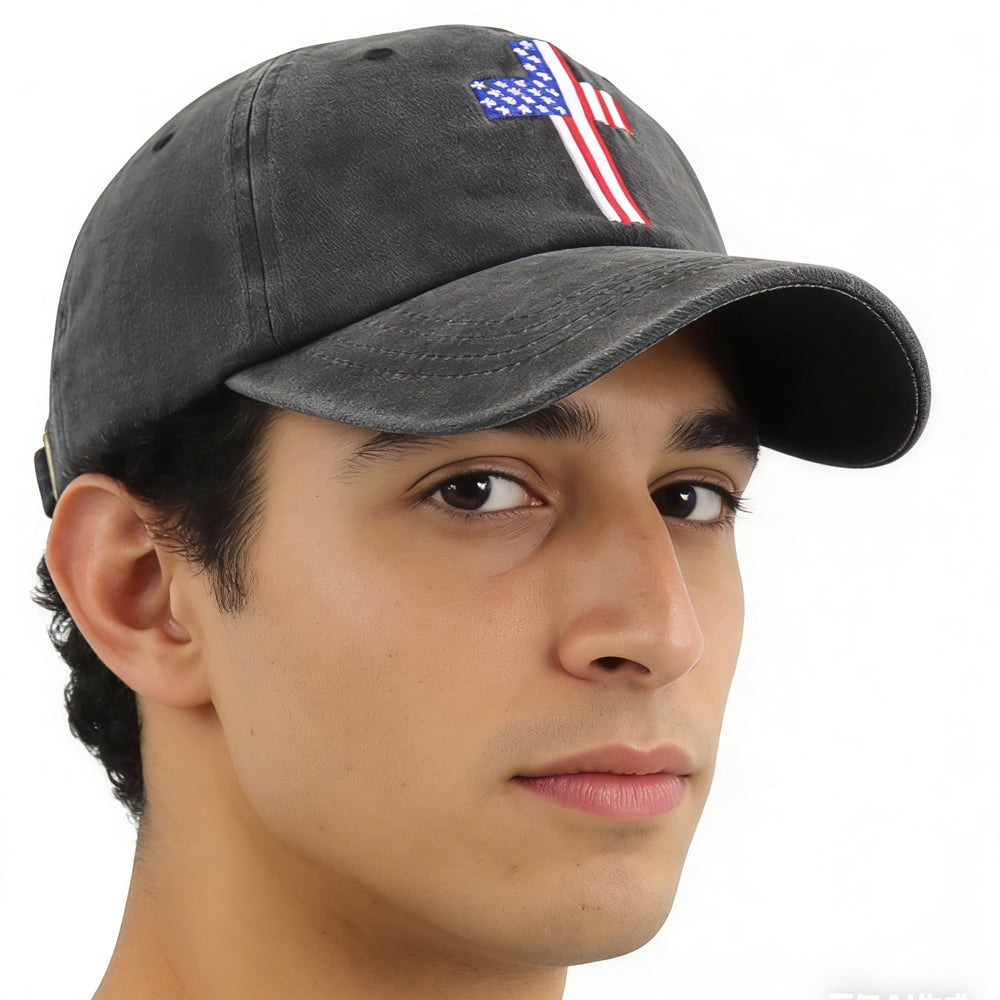 Christian American Flag Cross Baseball Cap worn by a model, featuring an embroidered cross and American flag.