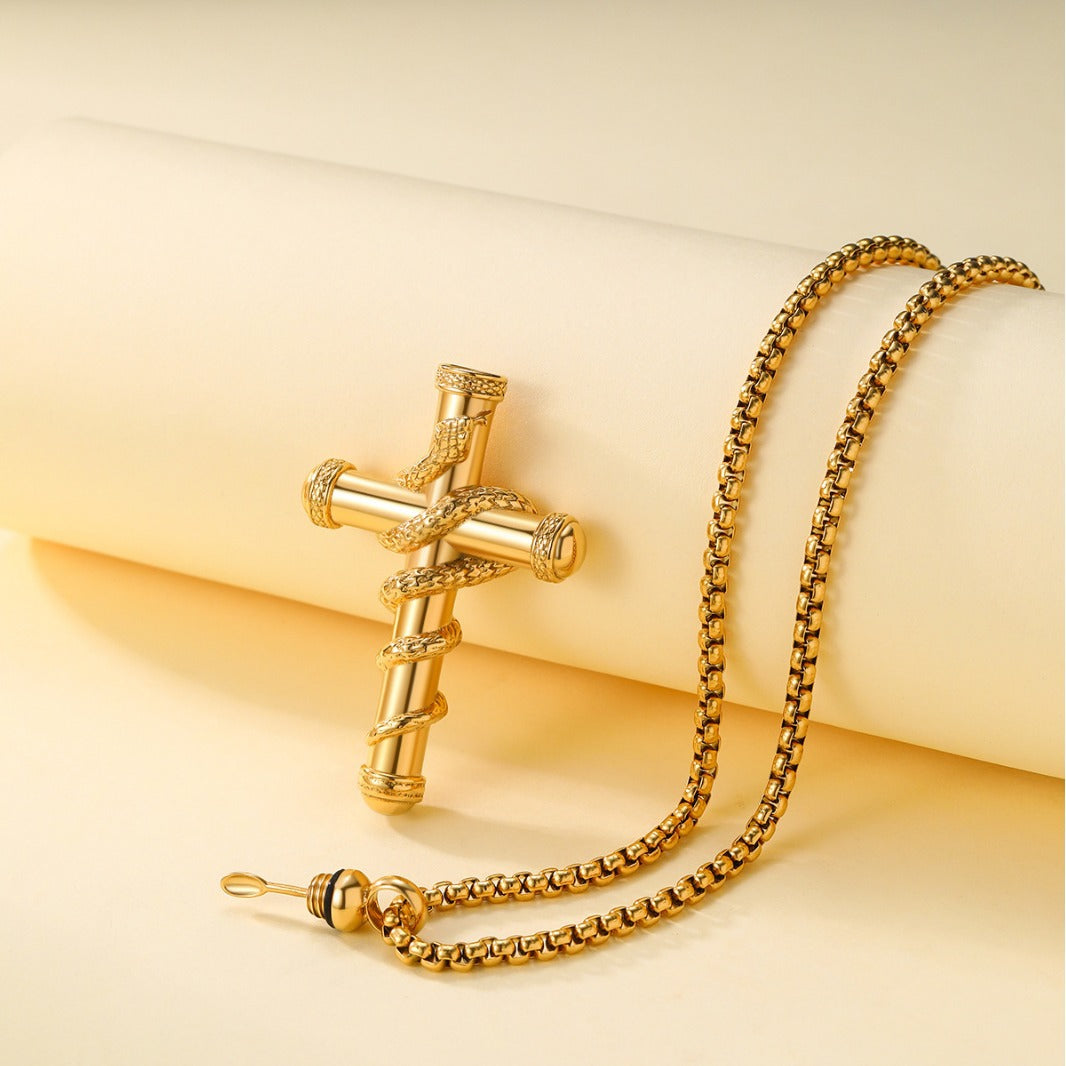 18k Gold Cross Snake Chain Necklace featuring a detachable cross pendant and sleek snake chain.