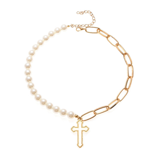 Pearl Chain Cross Necklace elegant Christian pearl cross pendant jewelry