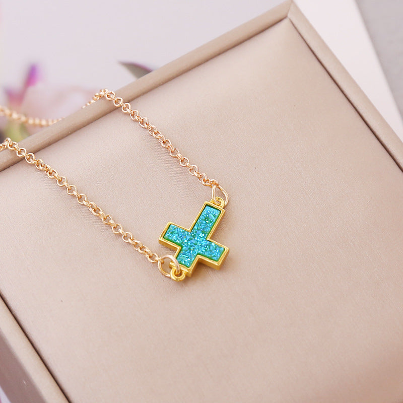 Multicolor Cross Necklace featuring a blue glitter cross pendant on a gold chain, perfect for trendy faith-inspired jewelry.