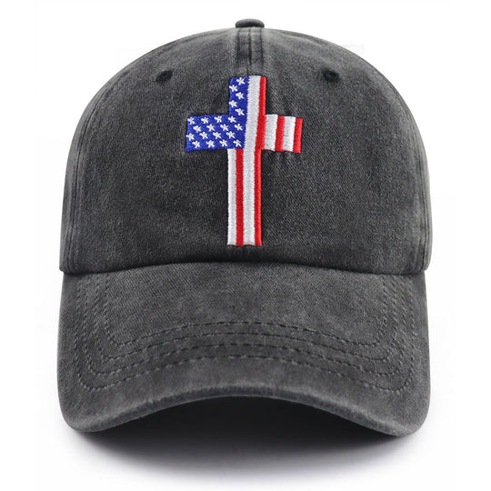 Christian American Flag Cross Baseball Cap featuring an embroidered cross with American flag design on a dark cap.