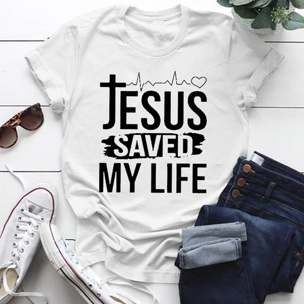 Jesus Saved My Life Short Sleeve T-shirt with graphic design on a casual outfit.