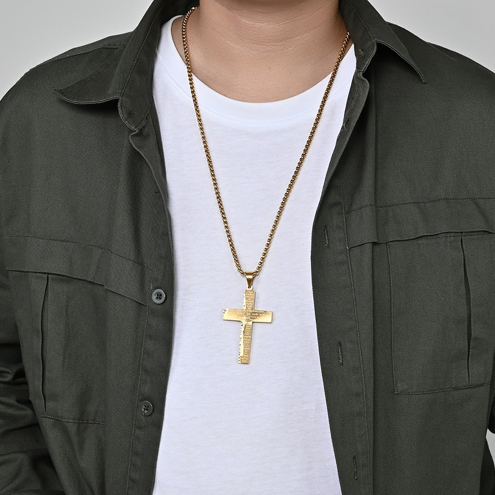 Men's Christian Double Cross Necklace worn on a man, showcasing gold cross pendant and chain for a bold faith statement.