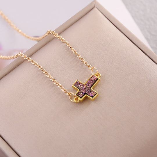 Multicolor Cross Necklace with pink and gold pendant on delicate chain, perfect for trendy gothic faith jewelry.