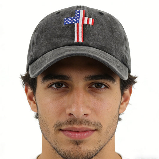 Christian American Flag Cross Baseball Cap worn by a man, featuring an embroidered cross and American flag design.