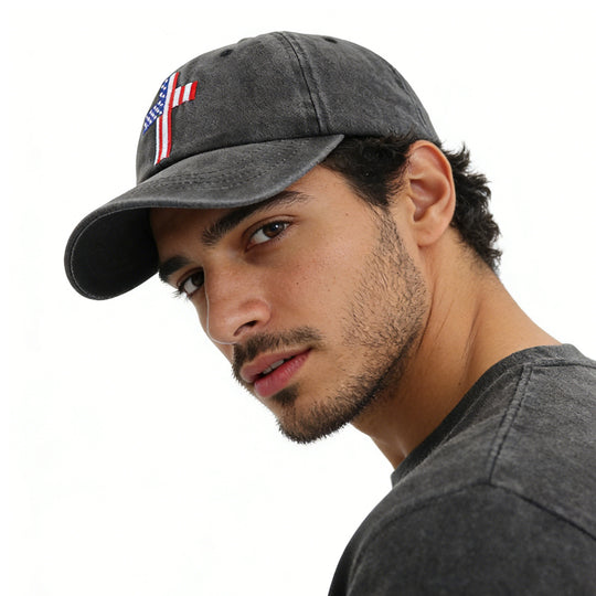 Christian American Flag Cross Baseball Cap worn by a young man, featuring embroidered cross and American flag design.