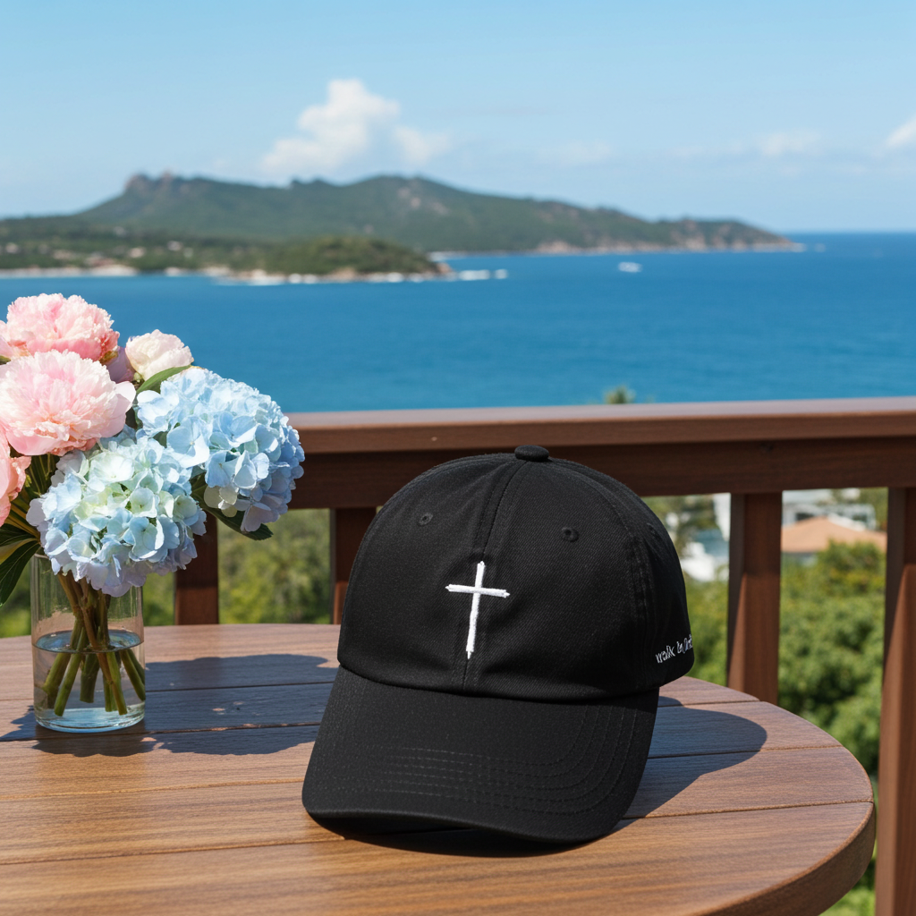 Black Cross Hat | Walk by Faith Embroidered Baseball Cap | Minimal Christian Dad Hat